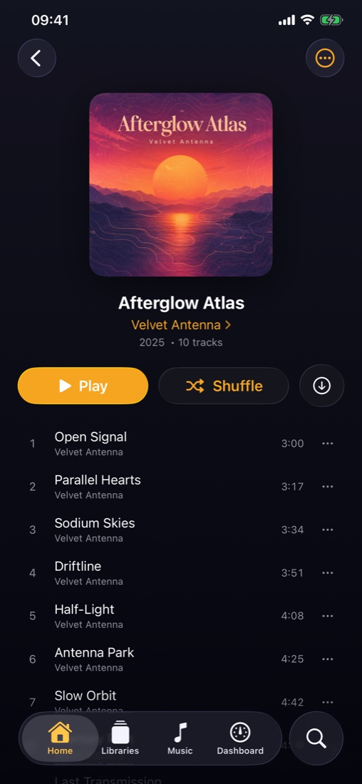 Afterglow Atlas album detail page with artwork and track list